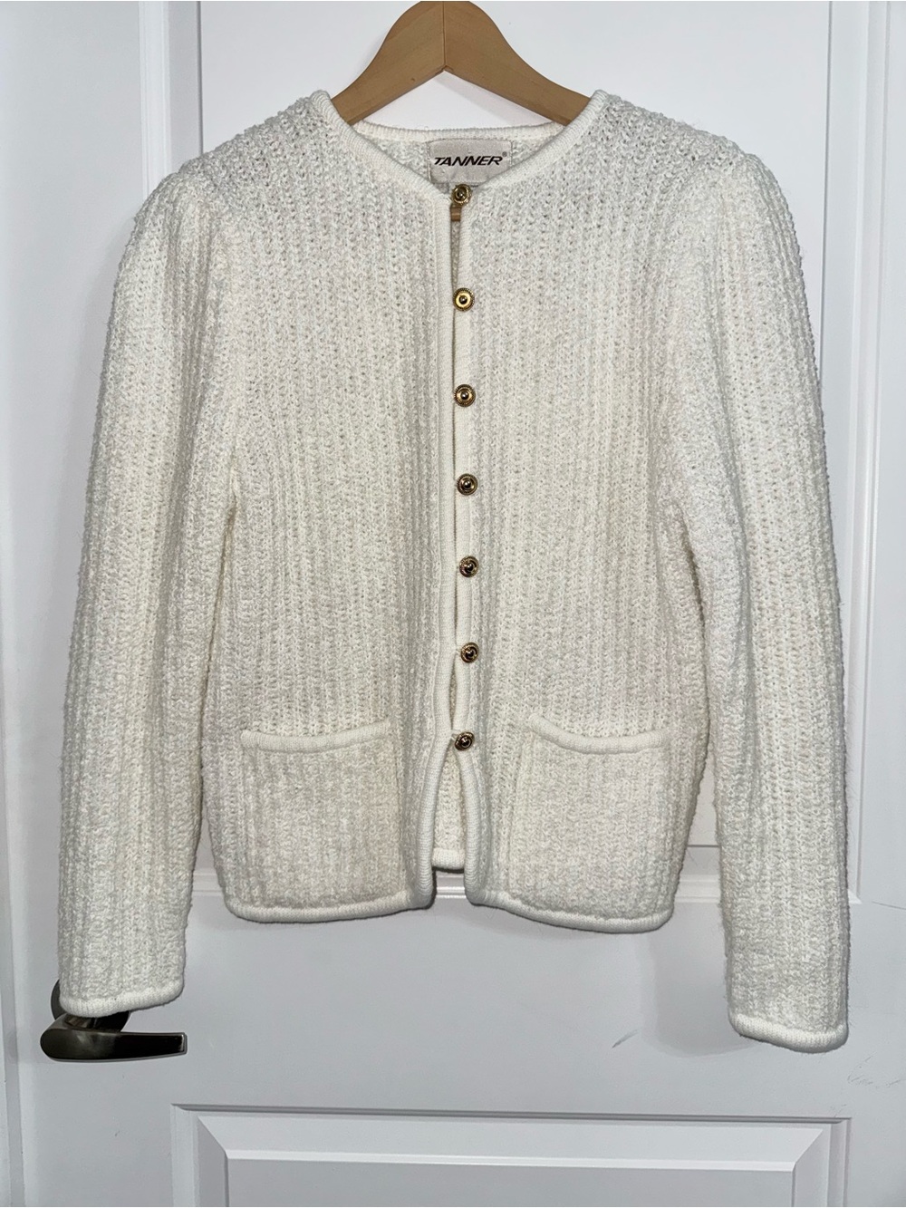 Vintage Tanner White Acrylic Cardigan with gold tone buttons Hong Kong, Small